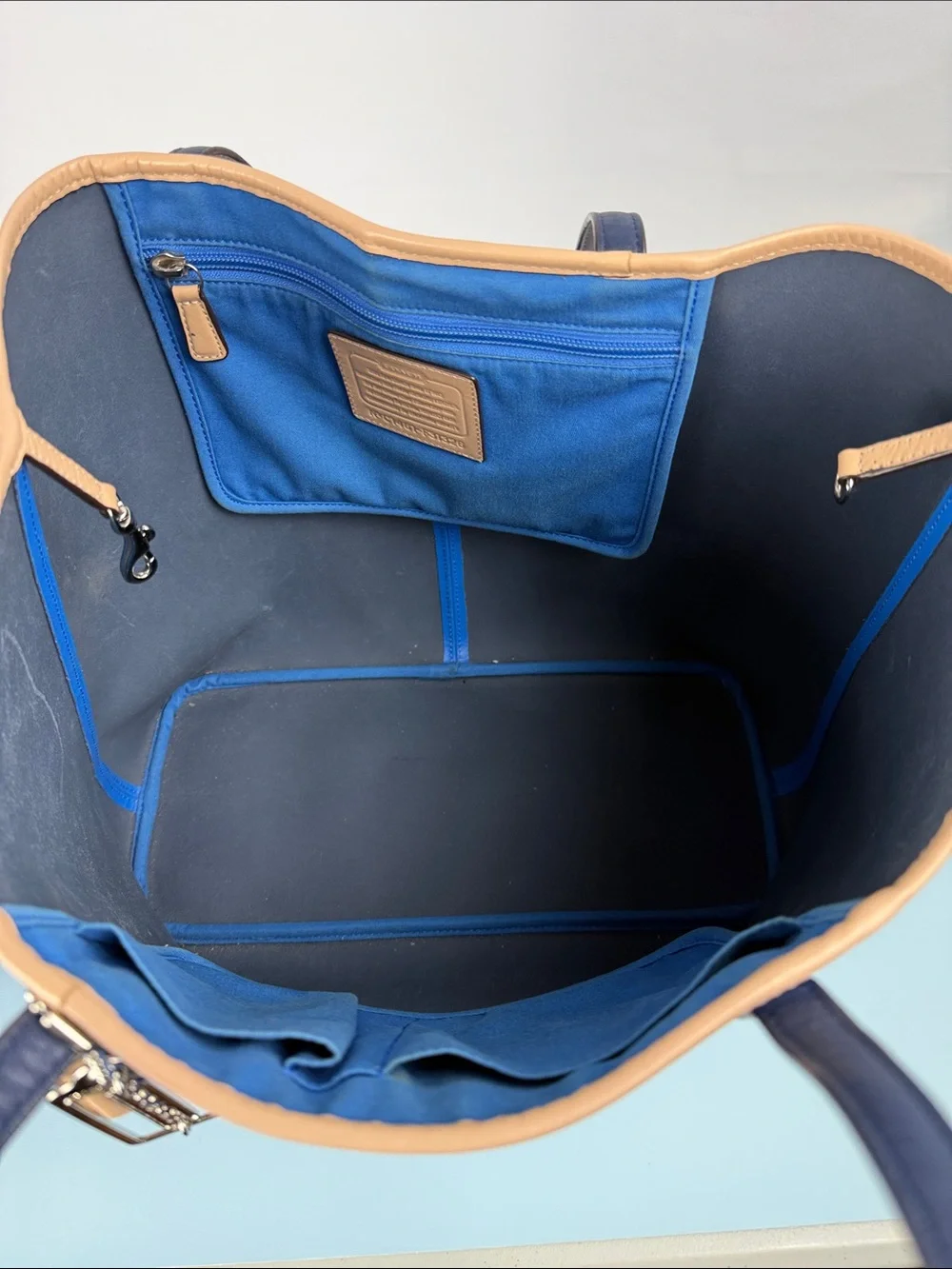 Coach Metro Tote in Blue Leather with Tan Trim